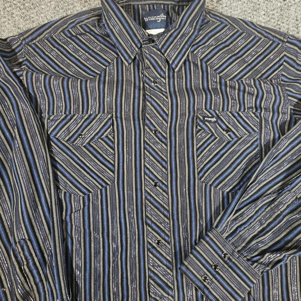 Wrangler Shirt Mens XL Pearl Snap Western Black Shiny Striped Long Sleeve